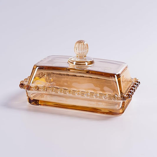 Glass Butter Dish with Lid for Countertop, Champagne Color Crystal Covered Butter Stick Holder Tray, Glass Butter Storage Container for Refrigerator