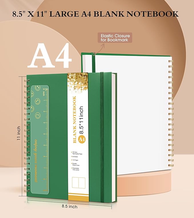 Blank Spiral Notebook Journal 8.5” x 11”, A4 Large Sketch Book for Women Men, 100 GSM Blank Paper Drawing Notebook, Plastic Hardcover Spiral Bound Sketchbook for Sketching Work School Writing, Green