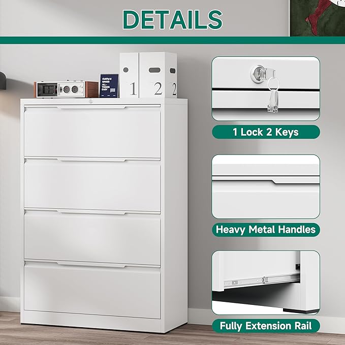 Metal Steel Filling Cabinets for Home Office - 4 Drawer Lockable Lateral File Cabinet for Hanging Files Letter/Legal/F4/A4 Size, Assembly Required - White