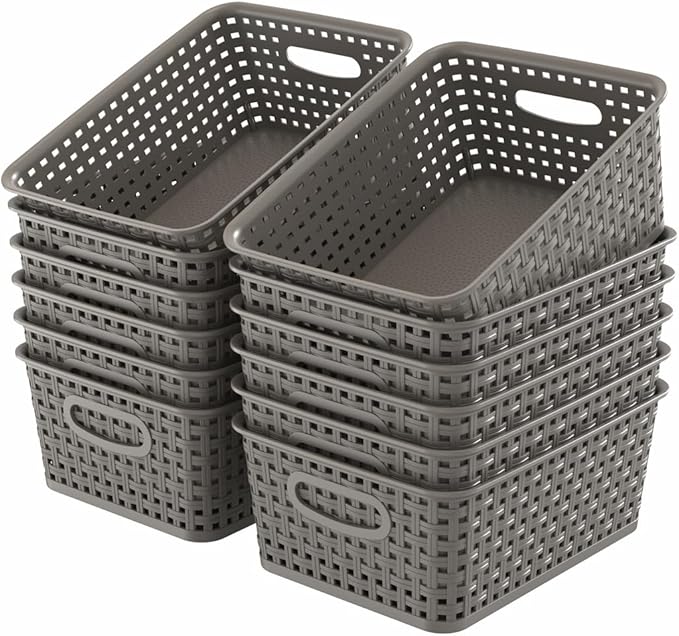 WYT 12-Pack Plastic Small Shelf Storage Weave Baskets for Organizing, Grey