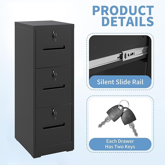 3 Drawer File Cabinet with 3 Locks, Metal Filing Cabinet Heavy Duty Vertical File Cabinets for Home Office, Steel File Storage Cabinets for Letter/Legal File Folders, Assembly Required (Black)