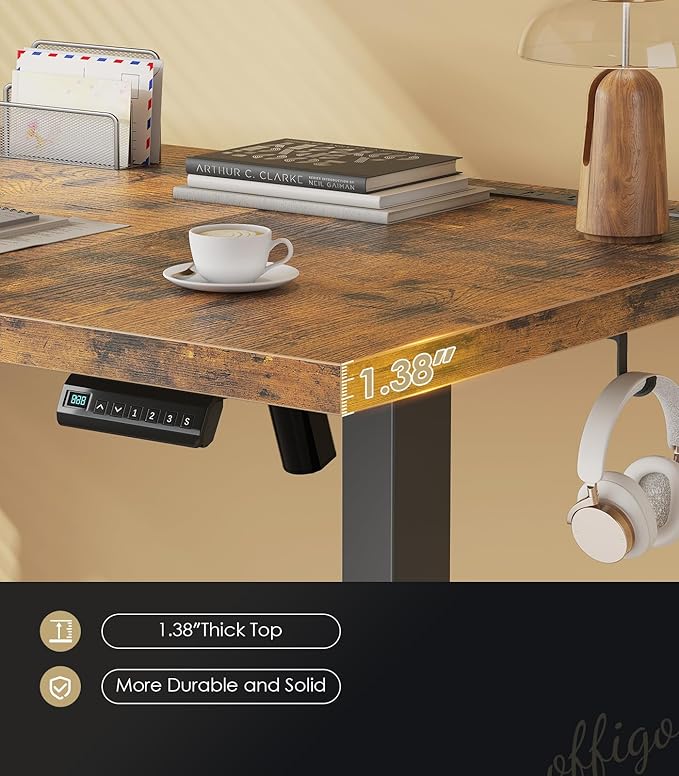 OffiGo Electric Standing Desk with 3-Piece Board, 71 Inch Height Adjustable Large Desk with Power Outlets, Sit Stand Table, Writing Computer Desk for Home, Office, Workstation, Rustic Brown