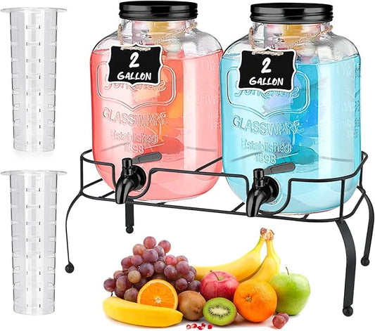 Lallisa 2 Pcs 2 Gallon Glass Drink Dispenser with Stand Ice Cylinder Hanging Chalkboard Signs 18/8 Stainless Steel Spigot Beverage Dispensers for Parties Mason Jar Drink Lemonade (Black Spigot)