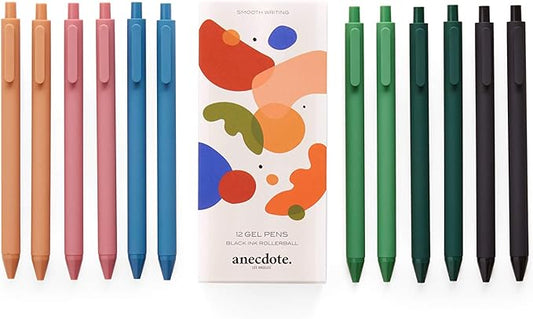 ANECDOTE. Gel Pens, Black Ink (12 Pack), Retractable Set, Cute Fine Point (0.5mm), Smooth Writing With Chic & Fun Design for Journaling (Set of 12)