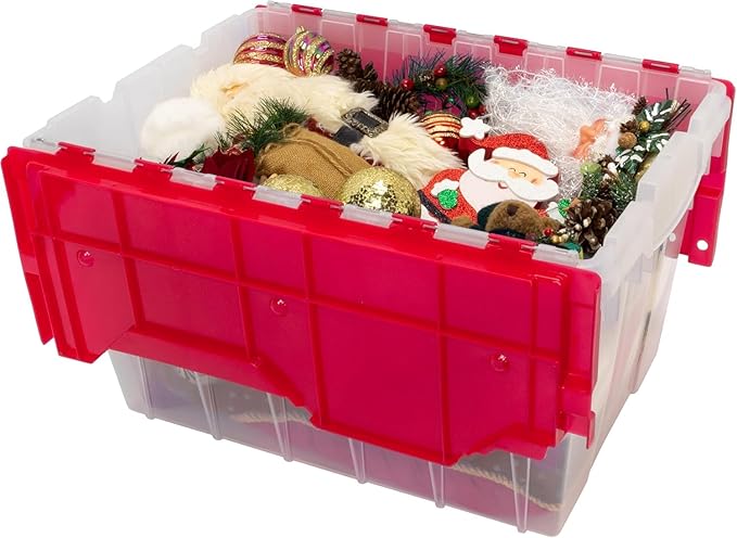 Akro-Mils KeepBox 12 Gallon Storage Container, Nesting and Stackable Plastic Storage Box with Lid Attached, Clear Tote for Garages, Closets, and Moving, 21-1/2" x 15" x 12-1/2", Clear/Red