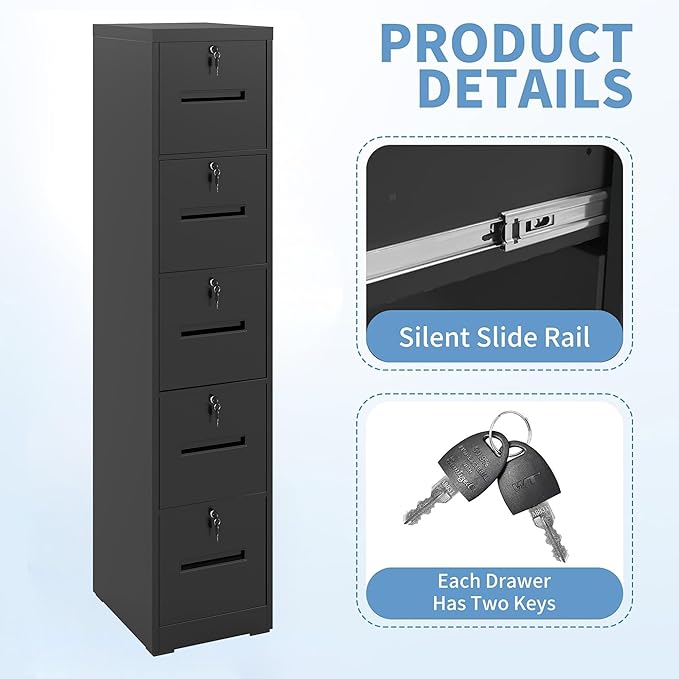 5 Drawer File Cabinet with 5 Locks, Metal Filing Cabinet Heavy Duty Vertical File Cabinets for Home Office, Steel File Storage Cabinets for Letter/Legal File Folders, Assembly Required (Black)