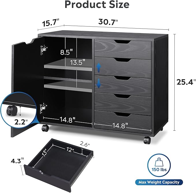 DEVAISE 5-Drawer Wood Dresser Chest with Door, Mobile Storage Cabinet, Printer Stand for Home Office, Black