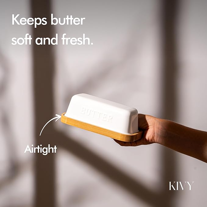 KIVY Ceramic butter dish with airtight lid that keeps butter soft - For countertop and refrigerator door shelf - Butter dish ceramic - Butter holder for counter - Covered butter dishes