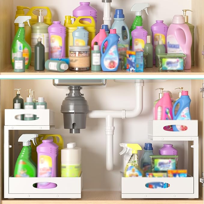 Under Sink Organizer, Extra-Wide Upgrade, 2 Pack 2 Tier Metal Slide Out Cabinet Organizer, Height Adjustable Organization and Storage Series, Bathroom/Cabinet/Kitchen organization, White