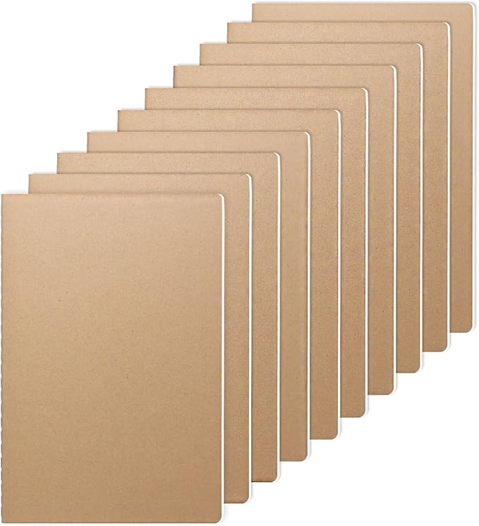 LIONSOUL Bulk A5 Journal Notebook, Kraft Cover 80 Pages Lined Paper Journal for Traveler, Notes, Memo - Bulk Journals Sewn Brown Notebook for School Supplies, Office Supplie (blank 80pages, 10pack)