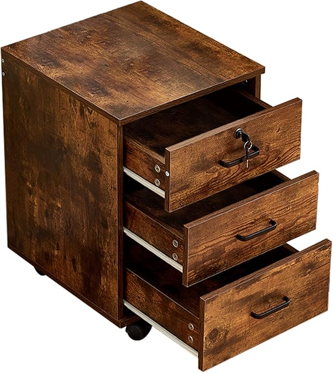 File Cabinet with Lock 3 Drawer Mobile Filing Cabinet with 360° Swivel Wheels, Under Desk Storage Cabinet Wooden File Organizer for Legal/Letter/A4 Documents, Home Office Storage (Brown)