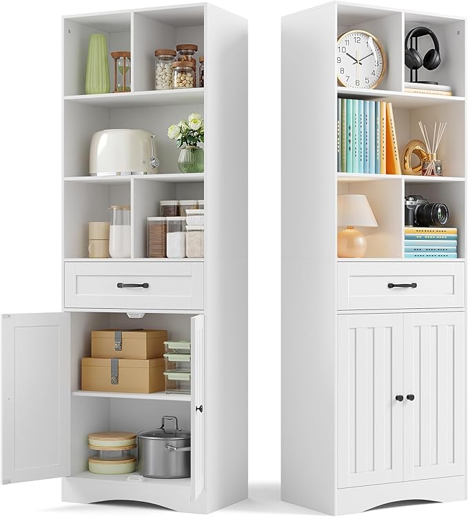 Gizoon Storage Cabinet, 71'' H Kitchen Storage Cabinet with Doors & Drawers, Kitchen Pantry with Adjustable Shelves, Anti-tip, Metal Handle, for Living Room, Office, Bathroom, White