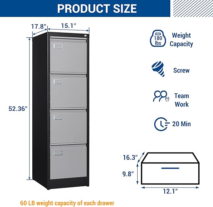 File Cabinets - 4 Drawers Vertical 17.8" Deep Lockable Filing Cabinet - Black & Gray Metal Storage Cabinets for Home Office to Hanging Files Letter/Legal/F4/A4 Size