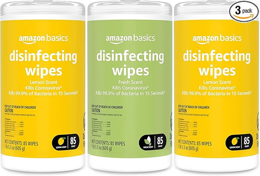 Amazon Basics Wipes, Lemon & Fresh Scent, Sanitizes, Cleans & Deodorizes, 255 Count (3 Packs of 85)