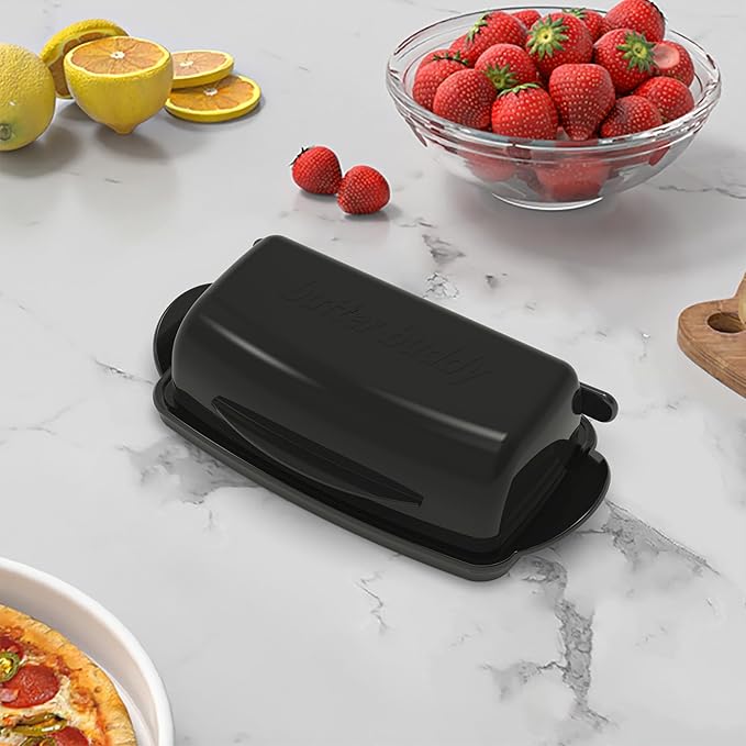 Butter Dishes with Lid for Countertop Refrigerator, Plastic Butter Dish Clear Flip Top Lid Butter Container with Spreader, Non-Slip Bottom Butter Holder Keeper (Black)