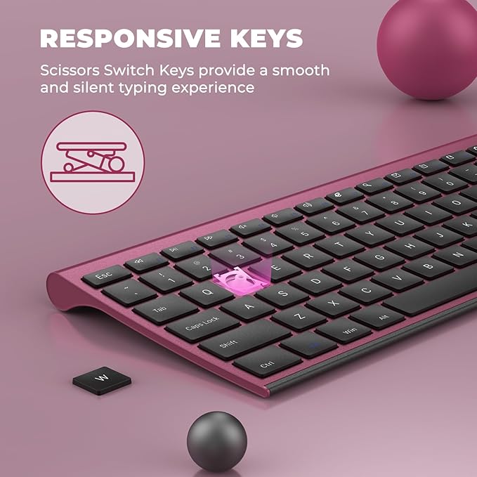 Wireless Keyboard and Mouse, Vssoplor 2.4GHz Rechargeable Compact Quiet Full-Size Keyboard and Mouse Combo with Nano USB Receiver for Windows, Laptop, PC, Notebook-Black and Wine Red