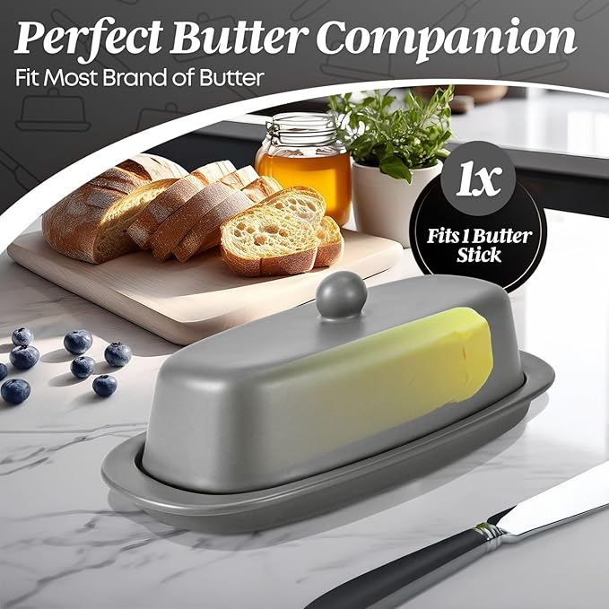 Flexzion Ceramic Gray European Butter Dish with Lid for Countertop (7 Inch) - 1 Stick Butter Holder for Counter, Cream Cheese Container Storage Keeper