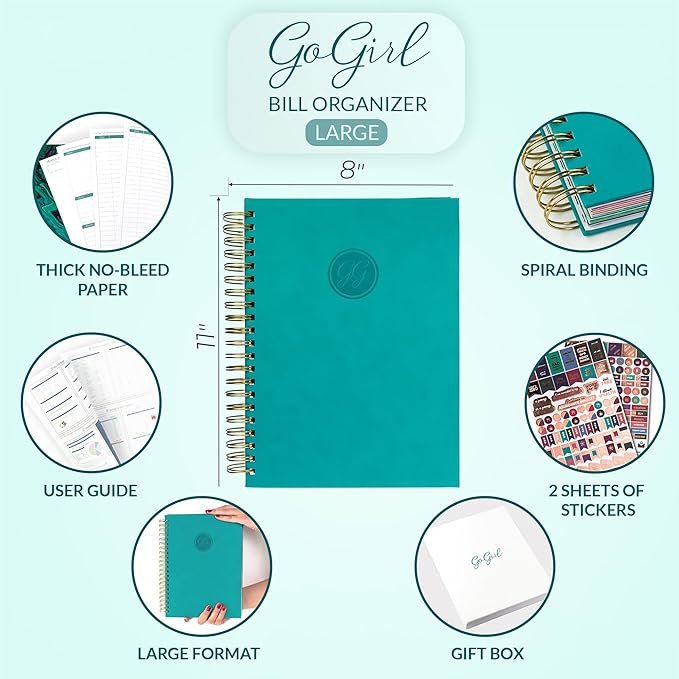 GoGirl Budget Planner & Monthly Bill Organizer – Monthly Financial Book with Pockets. Expense Tracker Notebook Journal, Large (Turquoise)