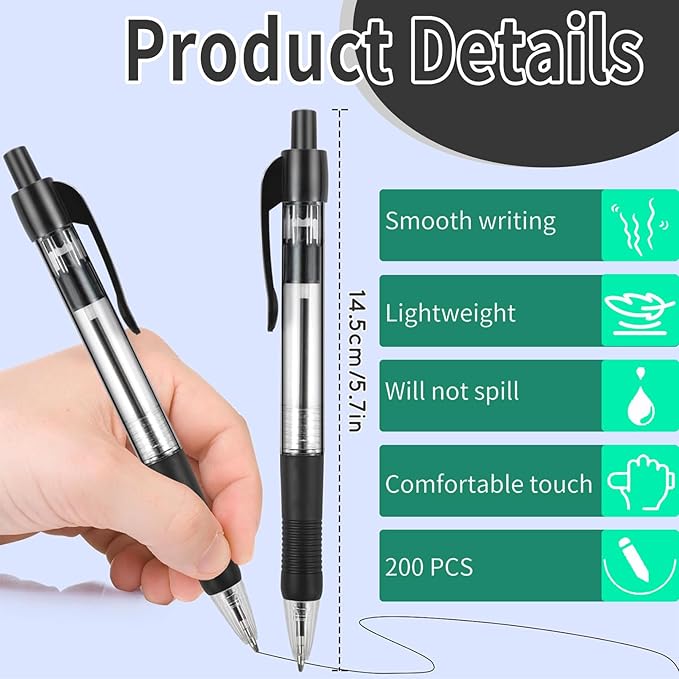 200 Pack Ballpoint Pens Bulk, Black Gel Ink Pens, 1.0 mm Medium Point Pen, Retractable Smooth Writing Pen with Comfortable Grip for Journal Writing Home Office Supplies (Black Ink)