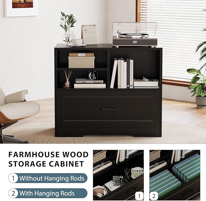 LVB Lateral Filing Cabinet with Drawer, Black Wood File Cabinet Printer Stand with Storage Shelves for Home Office, Modern Printer Cabinets Fits A4 Letter Legal Size with Hanging Folder, 32.7 Inch