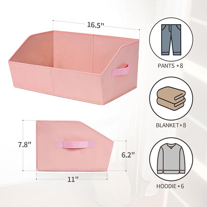 Closet Baskets for Shelves Trapezoid - Decorative Storage Baskets with Handle, Closet Bins for Organization, Shelf Storage Bins for Clothes, Books, Home, Office, 10 Pack, Pink