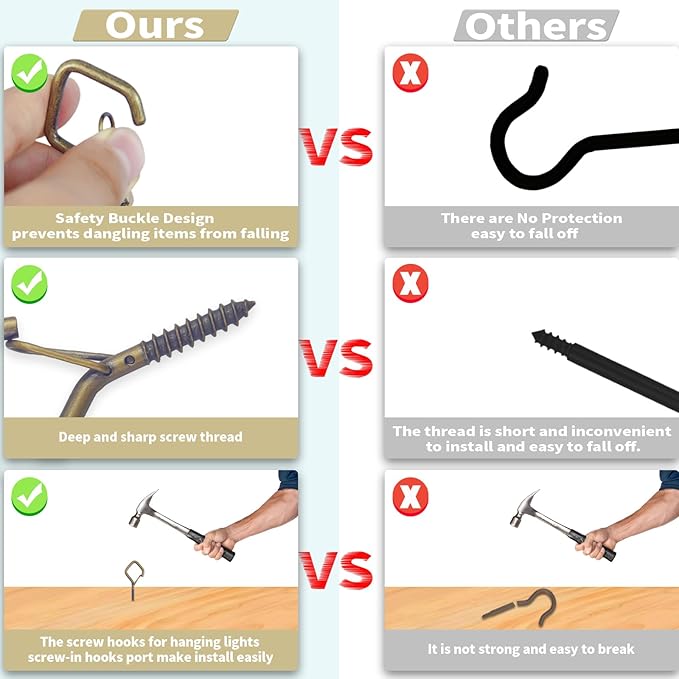 10 PCS Eye Screw Hooks for Hanging Heavy Duty with Safety Buckle.Metal Ceiling Hooks for Hanging Plants,Cup,Wind Chime,Bird Feeders,String Lights at Indoor&Outdoor,2.36 Inches Black