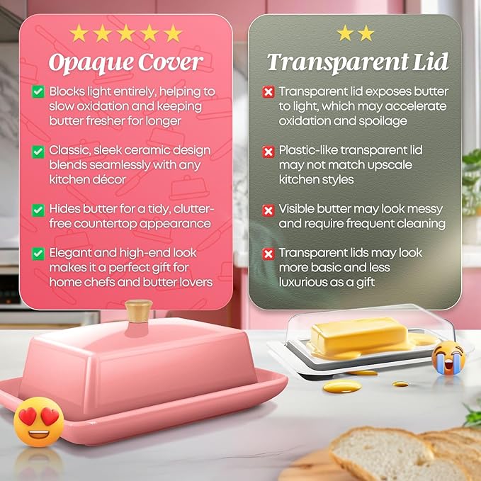 Flexzion Ceramic Pink European Butter Dish with Lid for Countertop (7 Inch) - Wide 2 Stick Double Butter Holder for Counter, Cream Cheese Container Storage Keeper