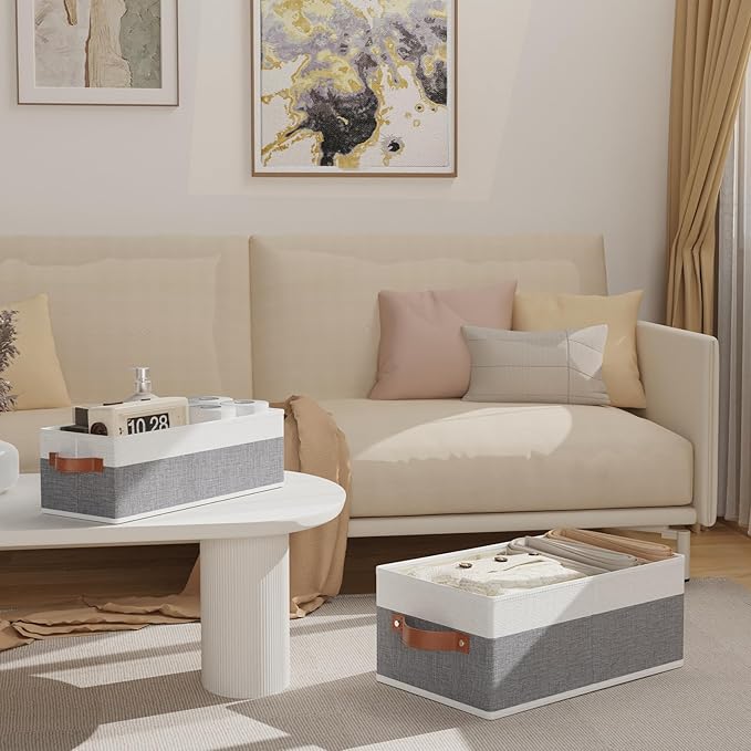 OUTBROS Storage Bins,Foldable Storage Baskets for Organizing,Fabric Storage Boxes With Handles,For bedrooms, living rooms, Shelves,Gray/White,15x6.1x5.1in,3-Pack