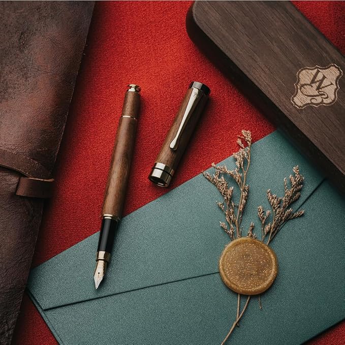 Wordsworth & Black Fountain Pen Set, Luxury Bamboo Wood - Fine Nib, Gift Case; Includes 6 Ink Cartridges, Ink Refill Converter -Journaling, Calligraphy; Drawing, Smooth Writing [Brown Wood]