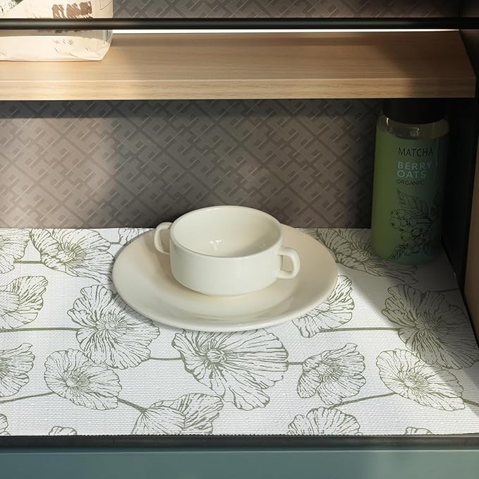 Shelf Liner for Kitchen Cabinets Non Adhesive Kitchen Drawer Liner,Non-Slip Lotus Cabinet Liner Shelf Paper,Pantry Shelf Liners for Cabinets Dresser Cupboard Liner Decorative 23.6In x 10FT