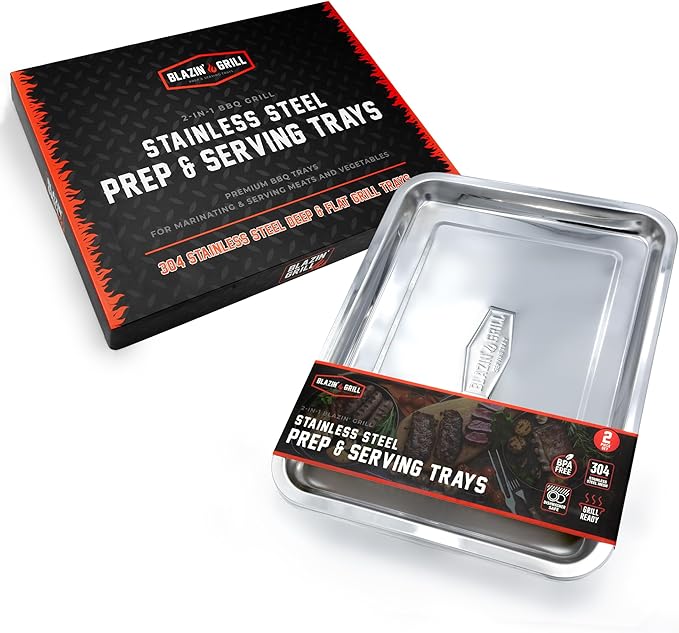 BLAZIN' GRILL Prep and Serving Trays | Set of 2 Stackable, Stainless Steel BBQ Grill Trays | Serving Platter for Marinating, Serving & Chopping | Grill Accessories for Plating Food & BBQ Prep Tub |