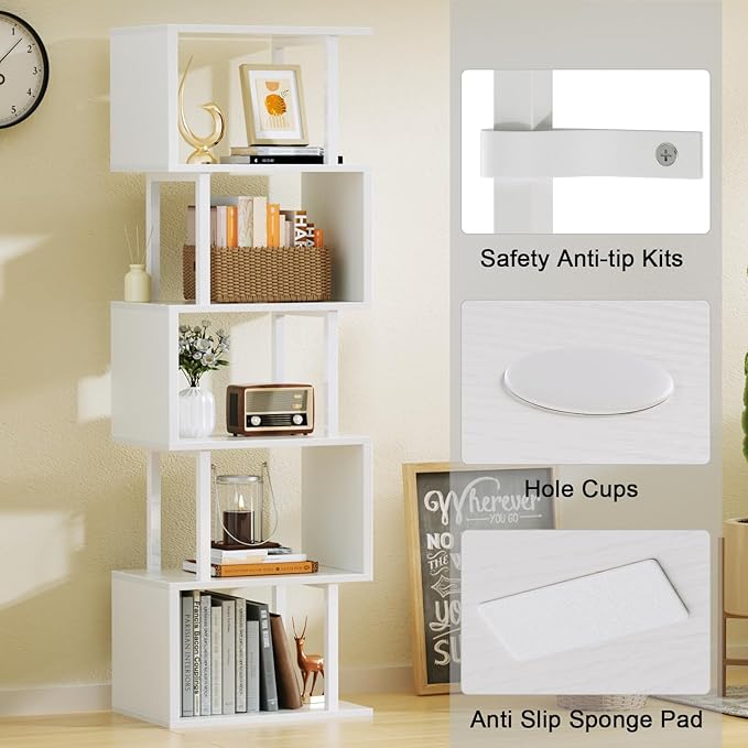 Furologee White Geometric Bookshelf 6 Tier S-Shaped Bookcase, Tall Modern Display Storage Shelf, Metal and Wood Decorative Freestanding Room Divider Shelves for Bedroom, Living Room, Office