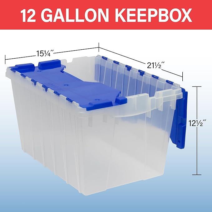 Akro-Mils KeepBox 12 Gallon Storage Container, Nesting and Stackable Plastic Storage Box with Lid Attached, Clear Tote for Garages, Closets, and Moving, 21-1/2" x 15" x 12-1/2", Clear/Blue