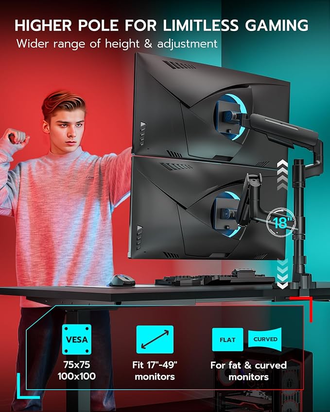 Vertical Dual Monitor Mount for 17-49 Inch Ultrawide Heavy Duty Curved Screen Stacking, Computer Monitor Arm Desk Mount with USB, Gas Spring Adjustable Vesa Stand, Black