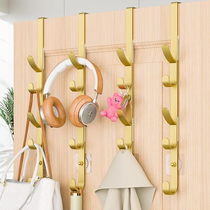 Over The Door Hooks, Metal Door Hooks for Hanging, Over The Door Purse Organizer for Door Coat Hanger, Back of Shower for Hanging Towel Rack Clothes, Hat, Bathroom, Closet (Gold-4Packs)
