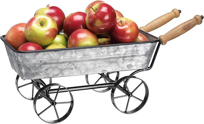 Vintage Wagon Glass Beverage Dispenser with Metal Stand, 2-Pack Drink Dispensers with Wooden Handles, Galvanized Ice Bucket Base for Parties 1 Gallon