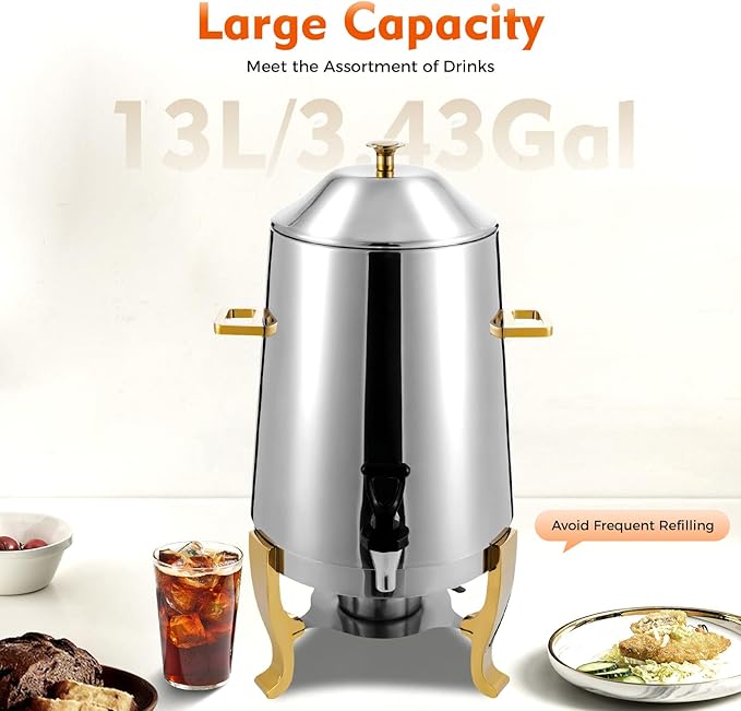 3.4 Gallon Stainless Steel Hot Beverage Dispenser, 13L Coffee Urn with Fuel Holder, Hot Chocolate/Coffee/Apple Cider Chafer for Party Buffet Catering, Durable Aluminum Tripod