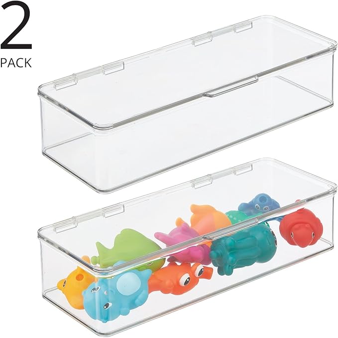 mDesign Long Plastic Playroom/Gaming Storage Organizer Box Containers with Hinged Lid for Shelves or Cubbies, Holds Small Toys, Building Blocks, Puzzles, Markers, Controllers, Crayons, 2 Pack, Clear