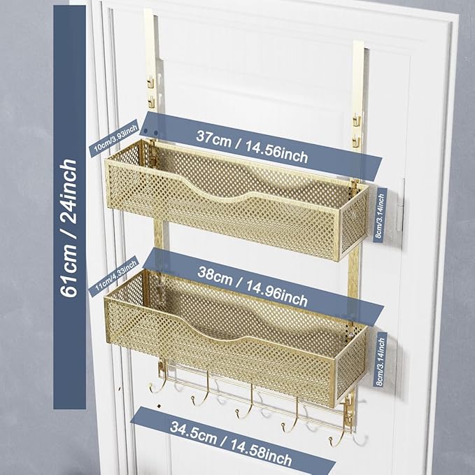 BRENNHOLZ Over The Door Hooks Organizer,Coat Rack with 10 Hooks and 2 Mesh Baskets,Back of Door Storage Organizer for Bathroom,Bedroom,Kitchen,Office(Golden)