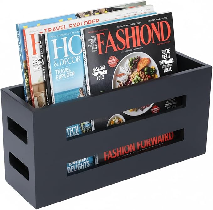 Magazine File Holder, Standing Wooden Magazine Rack, Desk Folder Organizer for Office & Bathroom-Black