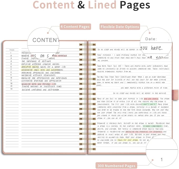 EMSHOI Spiral Notebook College Ruled, 300 Numbered Pages, A4 Large Hardcover Leather, 100 GSM Thick Lined Journal for Women Men Work Writing Journaling Note Taking, 8.27" x 11.2", Rose Gold