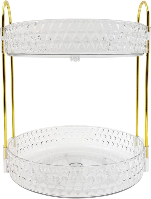 Double Layered Glass Tray with Golden Handles, Circular Decorative Storage Rack, Cosmetics, Dining Table, Bathroom, Bedroom, attic, Outdoor Small Items are Easy to find