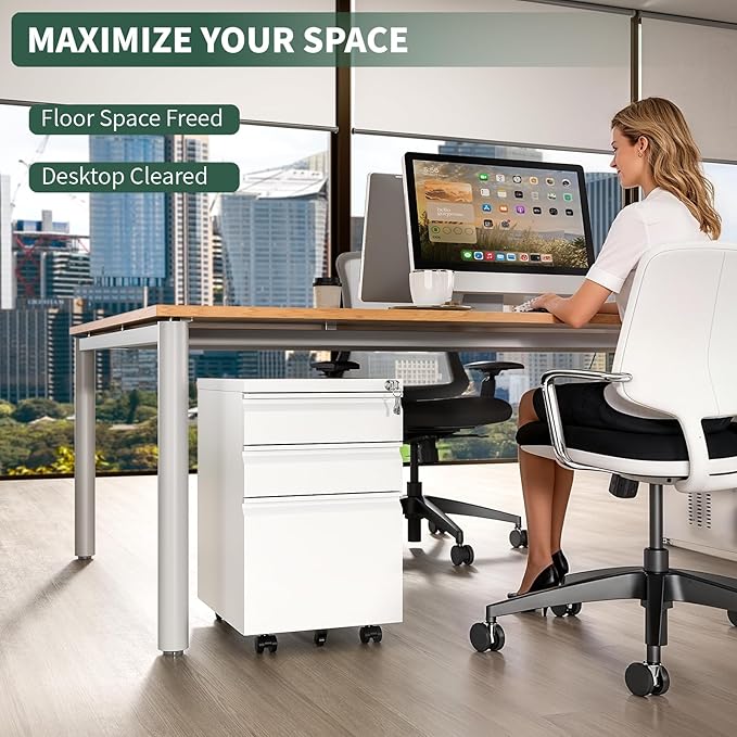 3 Drawer File Cabinet with Lock,Under Desk Rolling Small Filing Cabinet for Home Office Storage, Mobile Steel Cabinets with Wheels, Fully Assembled, White
