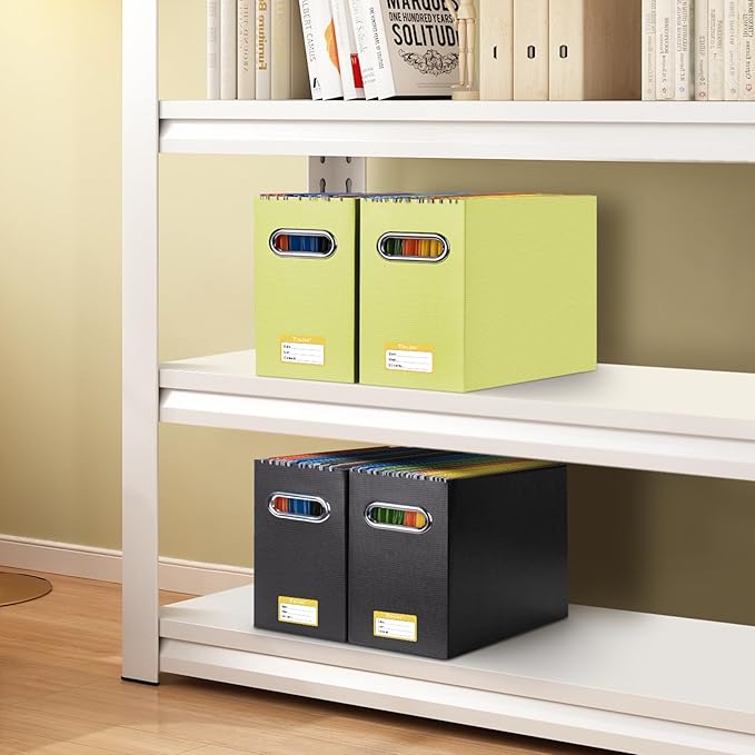 BALEINE File Organizer Box, Cardboard File Folder Organizer with Handle for Letter Size, Portable Collapsible Hanging Filing Box for Home Office Document Storage (4 Pack, Yellow)