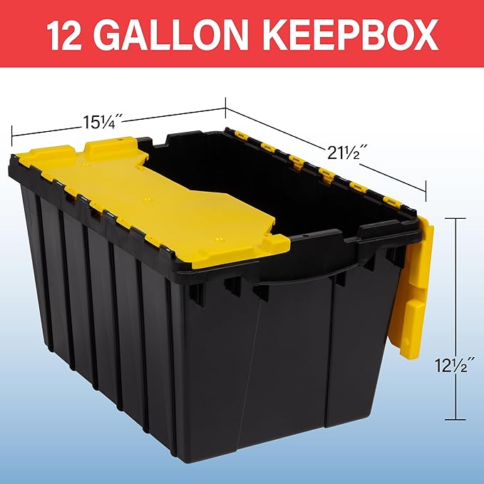 Akro-Mils KeepBox 12 Gallon Storage Container, Nesting and Stackable Plastic Storage Box with Lid Attached, Clear Tote for Garages, Closets, and Moving, 21-1/2" x 15" x 12-1/2", Black/Yellow