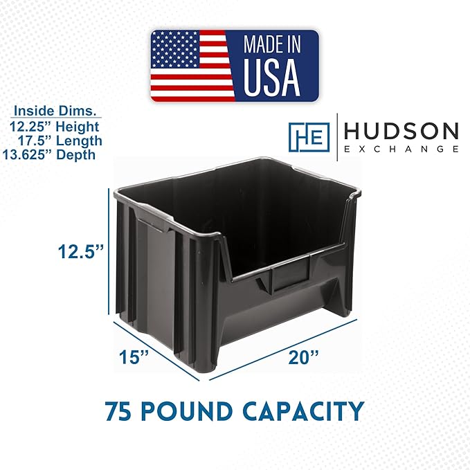 Hudson Exchange 20" x 15" x 12.5" (3 Pack) Plastic Giant Stackable Hopper Bin Container, Black