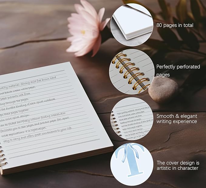 Initial T Notebook Journal,Personalized Teen Girl Gifts,Coquette Trendy Preppy Blue Bow Spiral Notebook,Monogrammed Gifts for Women Teen Girl,College Ruled Hardcover Spiral Notebook 5.5 x 8.3