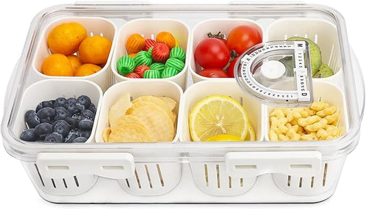 shopwithgreen Divided Serving Tray with Lid, Portable Snack Box Charcuterie Veggie Tray with Lid, Food Storage Organizer with 8 Colandersfor Fruit, Vegetable, Refrigerator, Kitchen, Party, Picnic