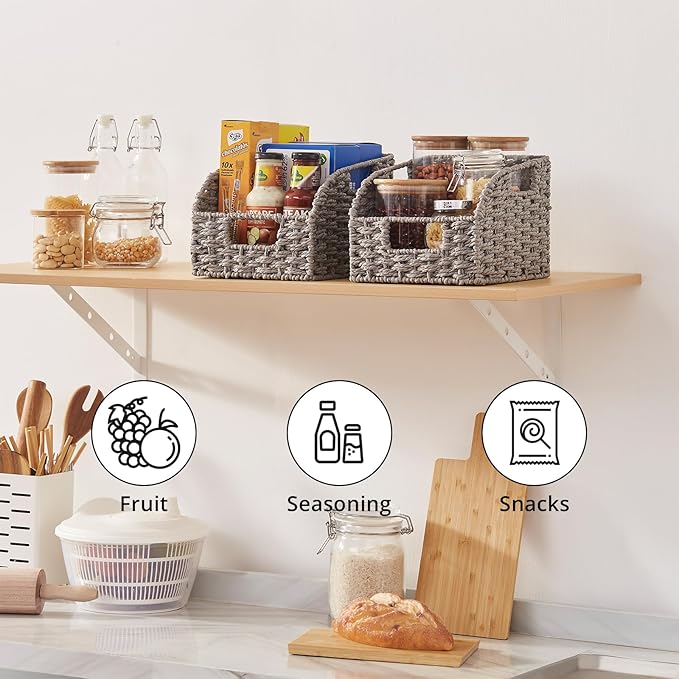 OIAHOMY Pantry Baskets for Organizing, Paper Rope Baskets with Built-in Handles, Wicker Storage Bins for Shelves, 2 Pack-Grey