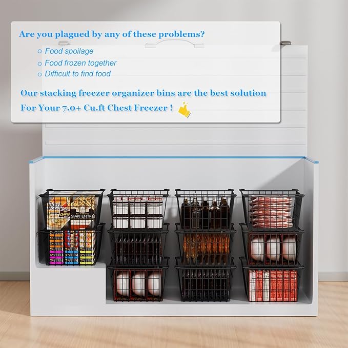 Freezer Organizer Bins, Large Capacity Stackable Baskets for Deep Chest Freezer Easy Get and Sort Bottom Frozen Meats Food Storage Containers Pantry Storage and Organization, 4pcs